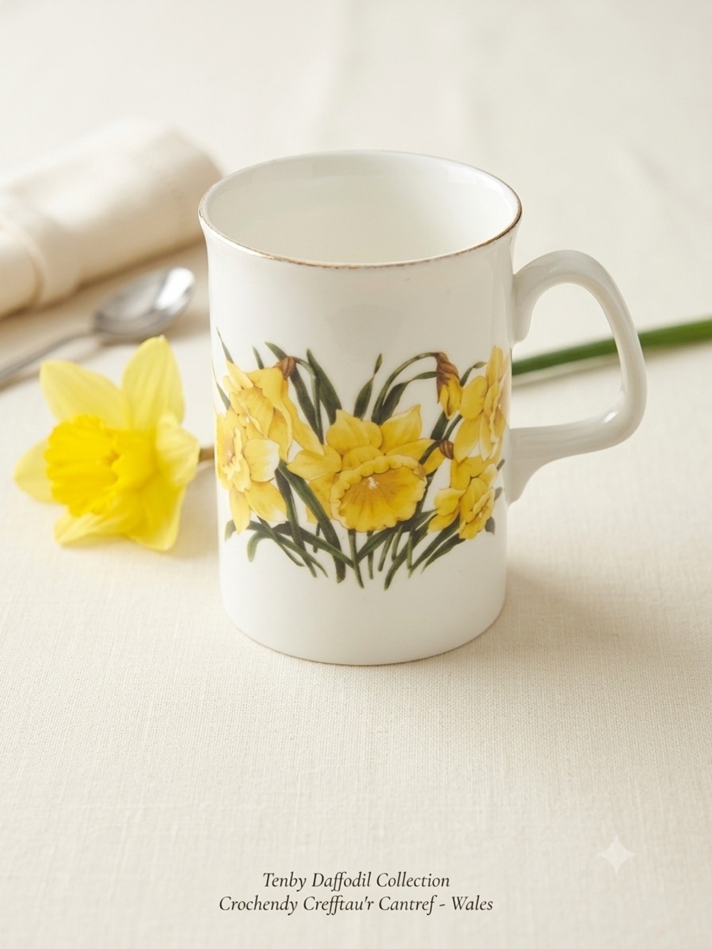 White Ceramic Mug with Yellow Daffodil Floral Design